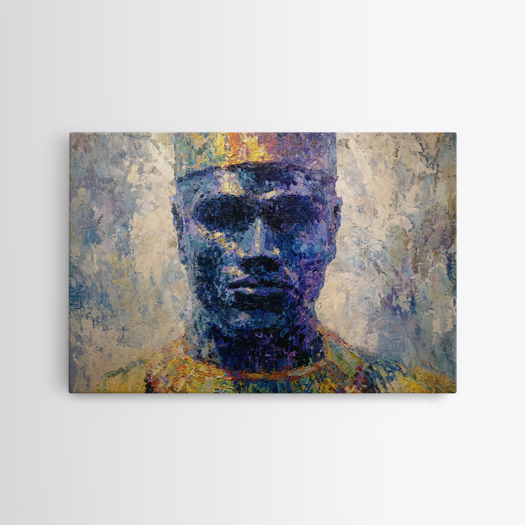 Blue Crowned African Man Portrait Canvas Print, Modern Afrocentric Art, Black Male Wall Decor, Textured Cultural Artwork