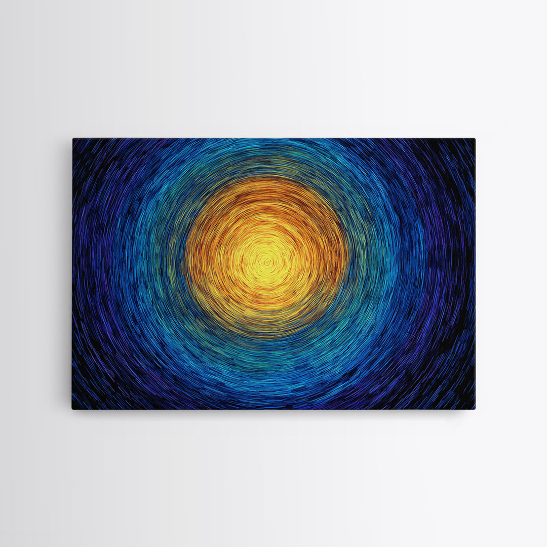 Radiant Sun Spiral In Blue And Gold Wall Art, Abstract African Inspired Print, Modern Canvas Decor, Meditation Room Artwork