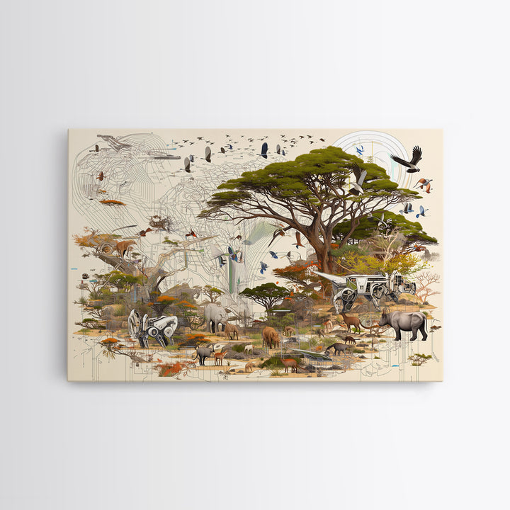 Acacia Safari Wildlife Collage Framed Canvas Print, African Animal Art, Serengeti Wall Decor, Nature Scene Living Room Decor