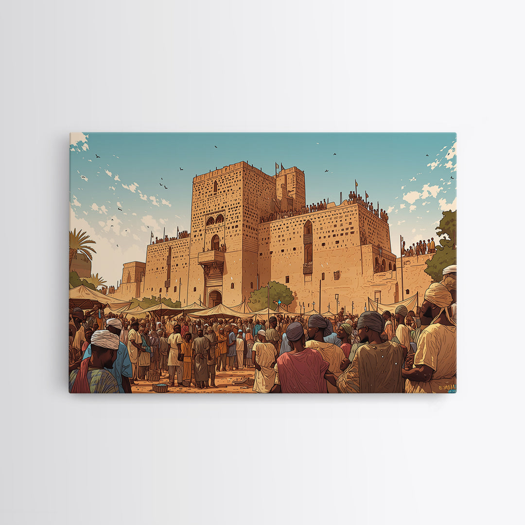 Adobe African Market Fortress Canvas Print, Cultural City Wall Art, West Africa Poster, Earth Tone Travel Home Decor Gift