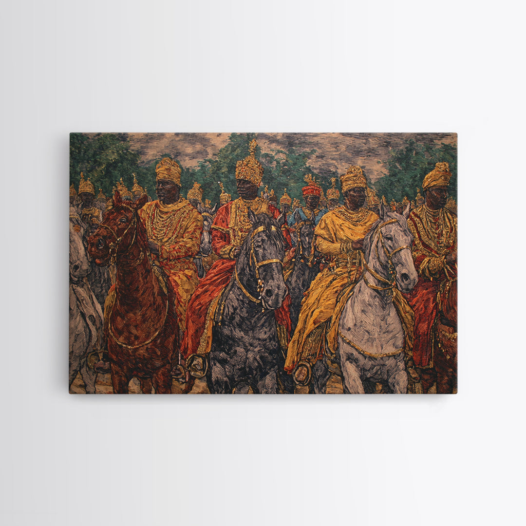 Regal African Horsemen Procession Wall Art, Royal Warrior Riders, Afrocentric Decor, Tribal History, Luxury Canvas Home Decor