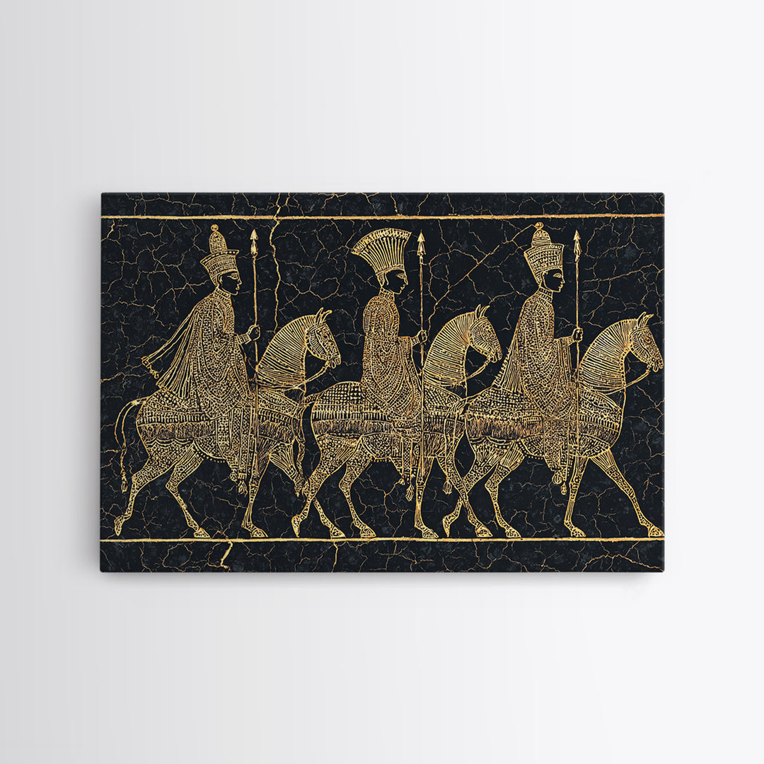 Ancient Gold African Horsemen Canvas Print, Black Tribal Line Art, Warrior Procession, Luxury Afrocentric Wall Decor, Statement Piece