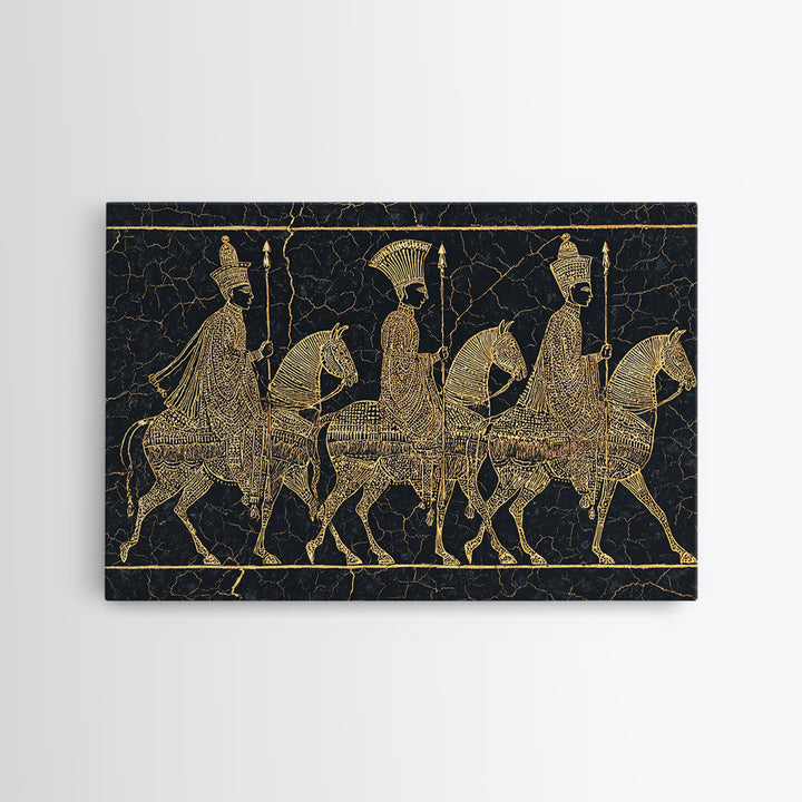 Ancient Gold African Horsemen Canvas Print, Black Tribal Line Art, Warrior Procession, Luxury Afrocentric Wall Decor, Statement Piece