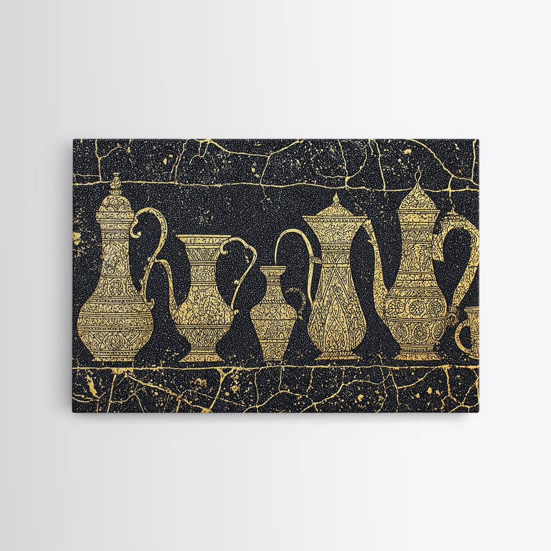 Gold African Coffee Pots Canvas Print, Ornate Black And Gold Design, Ethnic Kitchen Wall Decor, Luxury Cultural Art Gift