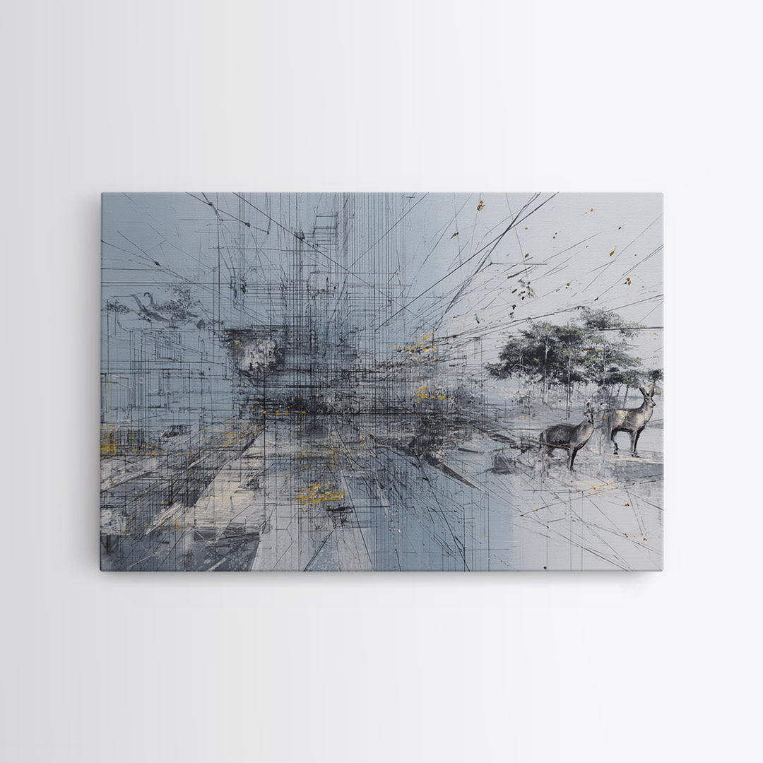 Minimal African Landscape Wall Art, Abstract Savanna Antelope Scene, Baobab Tree, Modern Safari Decor, Neutral Office Art