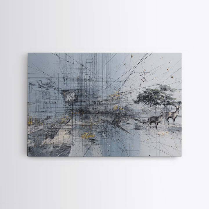 Minimal African Landscape Wall Art, Abstract Savanna Antelope Scene, Baobab Tree, Modern Safari Decor, Neutral Office Art