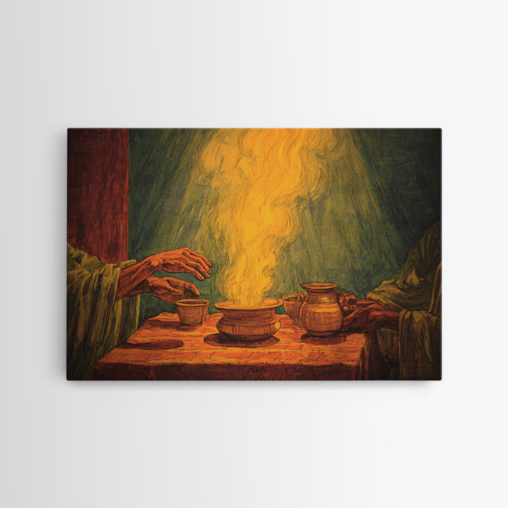 Glowing African Incense Ritual Canvas Print, Hands And Pottery, Spiritual Smoke Ceremony, Earth Tone Wall Decor, Cultural Gift
