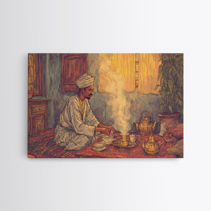 Seated African Tea Ceremony Framed Canvas Print, Spiritual Prayer Room Smoke, Traditional Interior, Afrocentric Wall Decor Gift