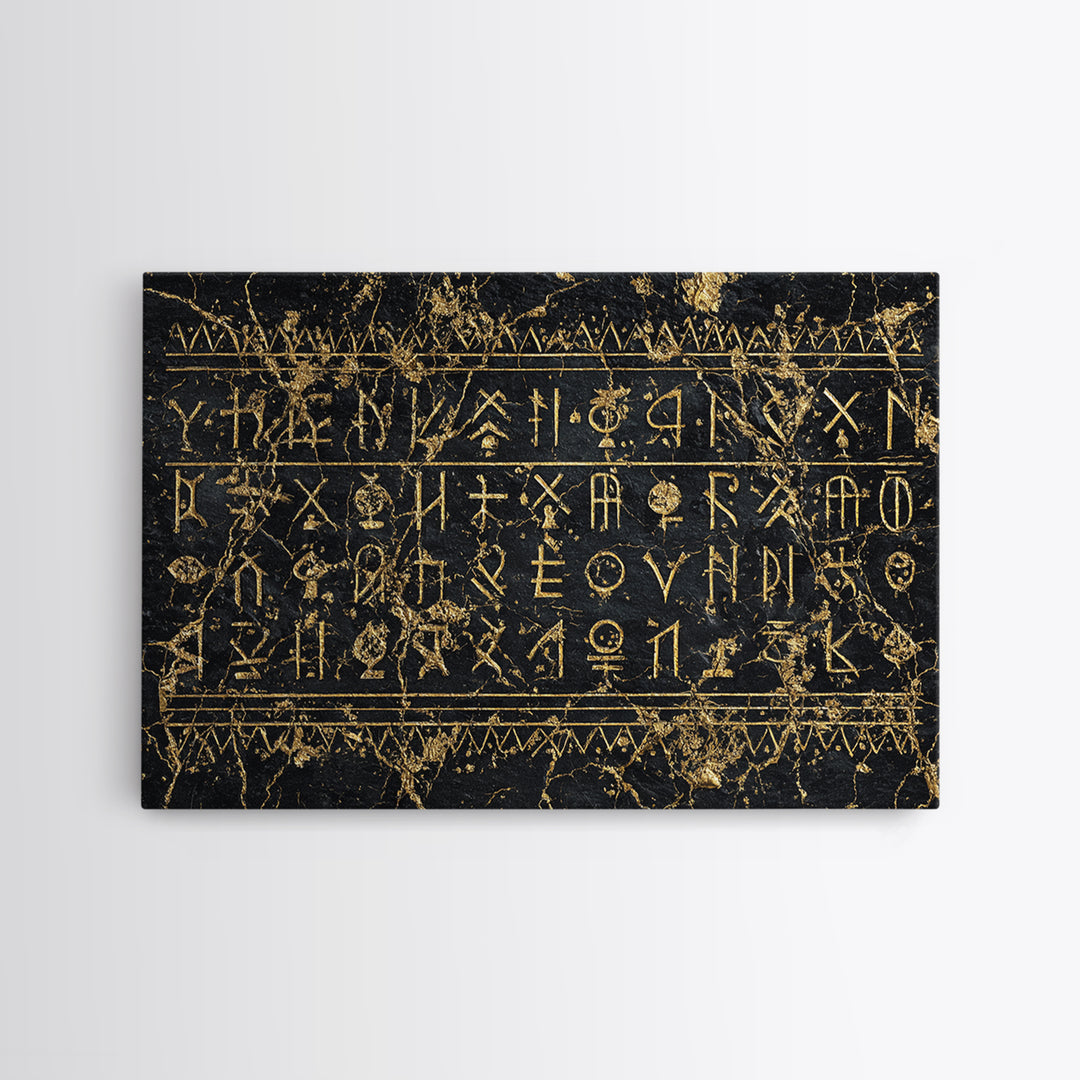 Black Gold Tribal Inscription Canvas Print, Ancient African Art, Textured Wall Decor, Ethnic Cultural Wall Art Gift For Him
