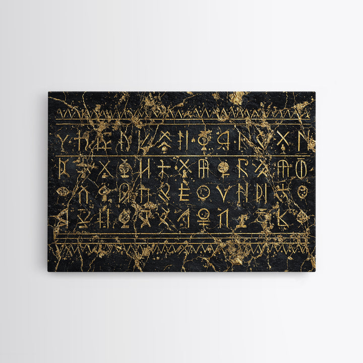 Black Gold Tribal Inscription Canvas Print, Ancient African Art, Textured Wall Decor, Ethnic Cultural Wall Art Gift For Him
