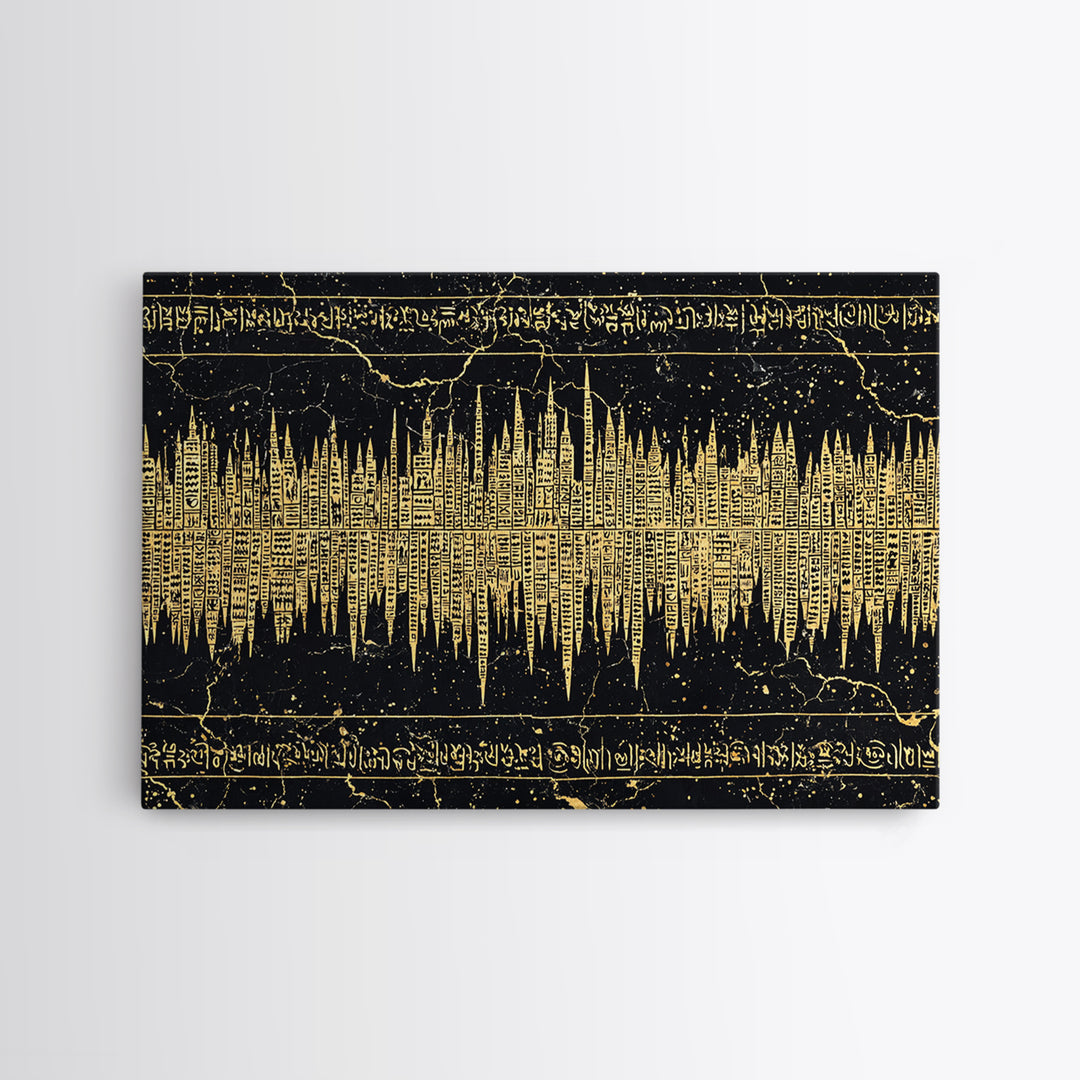 Golden Ancient Soundwave Script Wall Art, Black And Gold African Abstract, Spiritual Office Decor Framed Canvas Print Gift