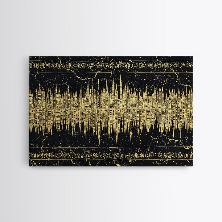 Golden Ancient Soundwave Script Wall Art, Black And Gold African Abstract, Spiritual Office Decor Framed Canvas Print Gift