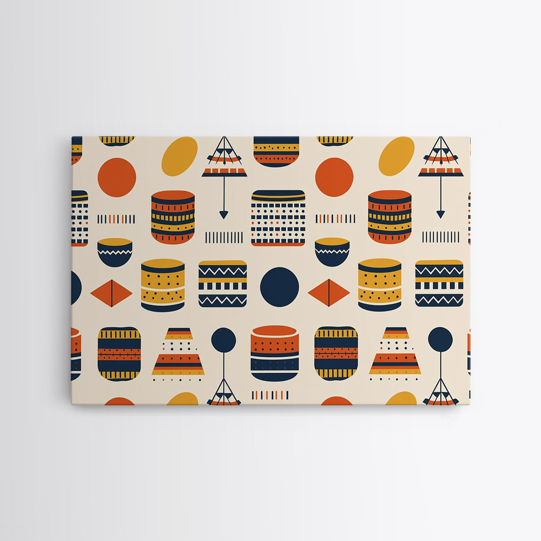 African Drum And Shield Pattern Wall Art, Ankara Inspired Geometric Decor, Tribal Fabric Style Framed Canvas Print Home Decor Gift
