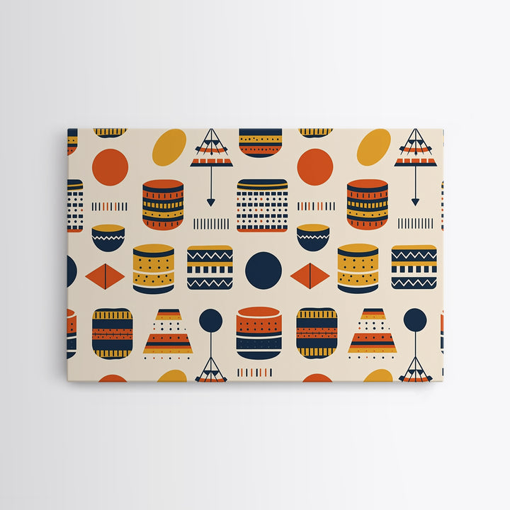 African Drum And Shield Pattern Wall Art, Ankara Inspired Geometric Decor, Tribal Fabric Style Framed Canvas Print Home Decor Gift