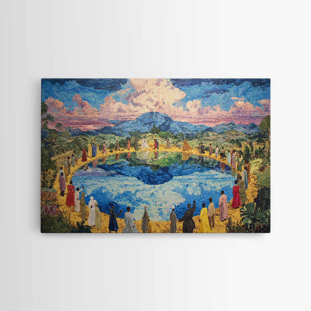 African Village Gathering By Blue Lake Wall Art, Colorful Landscape, Cultural Celebration, Large Living Room Canvas Print