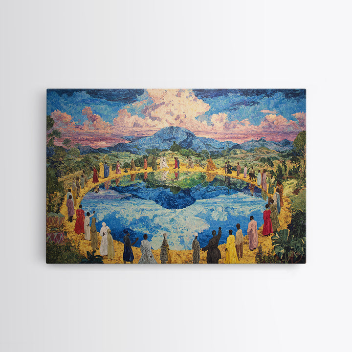 African Village Gathering By Blue Lake Wall Art, Colorful Landscape, Cultural Celebration, Large Living Room Canvas Print
