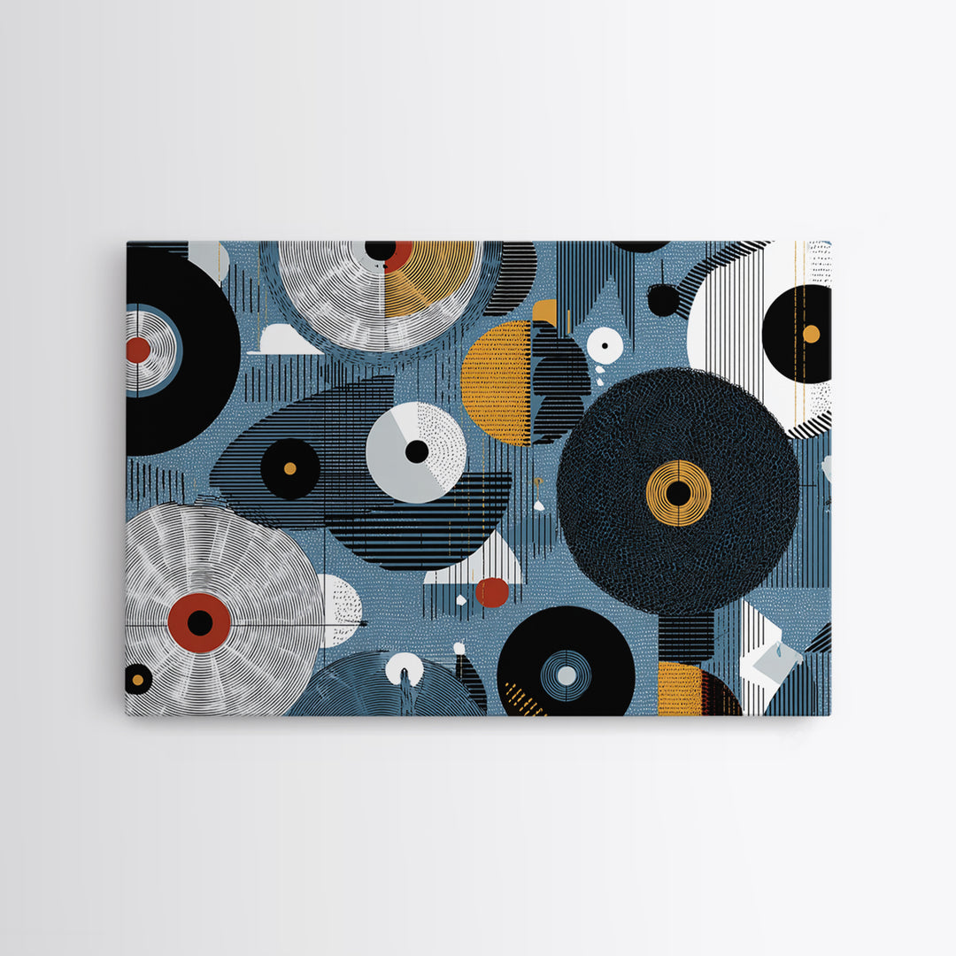 Blue Black Gold Geometric Circles Wall Art, Abstract African Art Decor, Modern Canvas Print For Living Room Office Home Decor