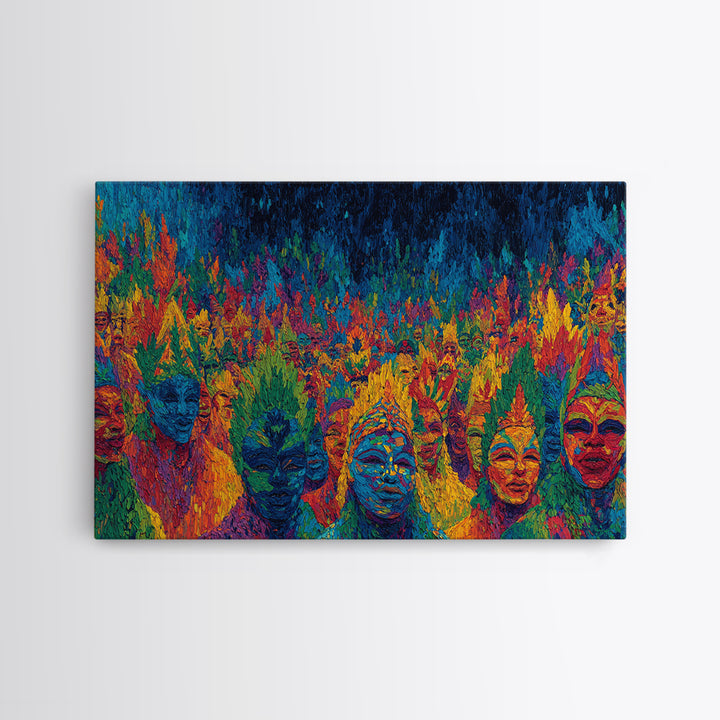 Mystic Jungle Mask Ceremony Wall Art, Colorful African Tribal Art, Spiritual Afrocentric Decor, Statement Canvas Print Gift