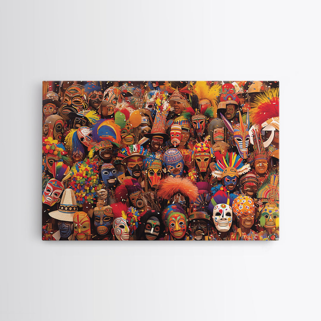 Festive African Carnival Mask Crowd Canvas Print, Colorful Tribal Wall Art, Afrocentric Celebration Decor, Black Culture Gift