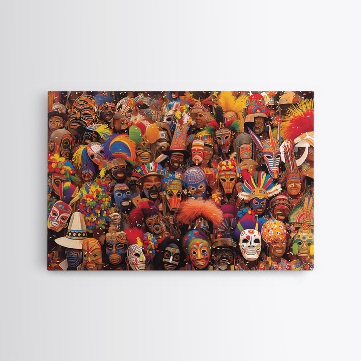 Festive African Carnival Mask Crowd Canvas Print, Colorful Tribal Wall Art, Afrocentric Celebration Decor, Black Culture Gift