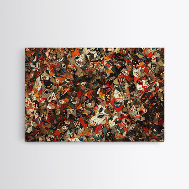Dense African Tribal Mask Collage Wall Art, Abstract Ethnic Pattern, Afrocentric Decor, Bold Cultural Canvas Print Poster