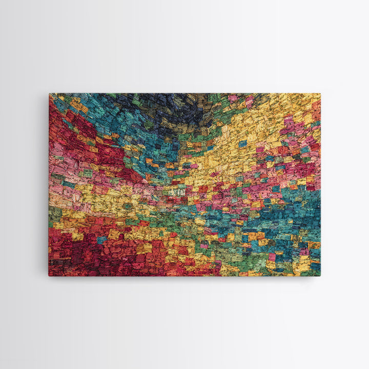 Colorful Mosaic Textile Landscape Wall Art, Abstract African Fabric Patterns, Modern Boho Decor, Textured Canvas Print Gift