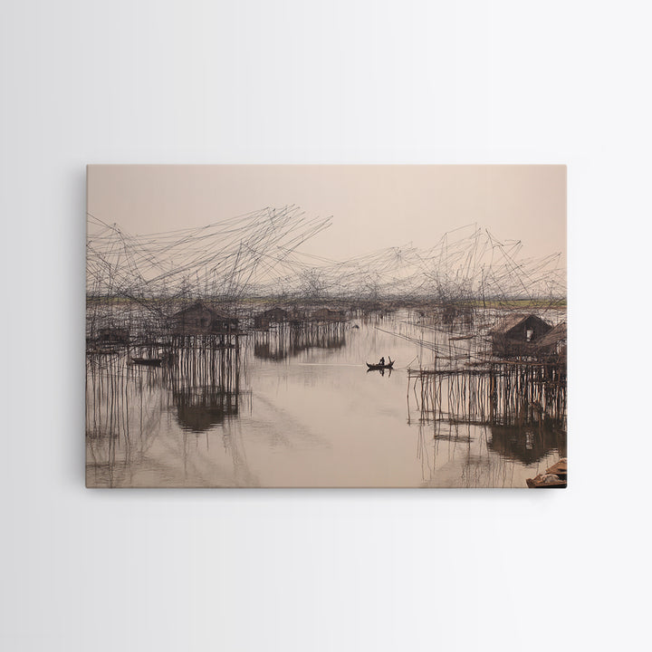Sepia Stilt Fishing Village On Calm Water Wall Art, African Landscape, Coastal Home Decor, Serene Living Room Canvas Print