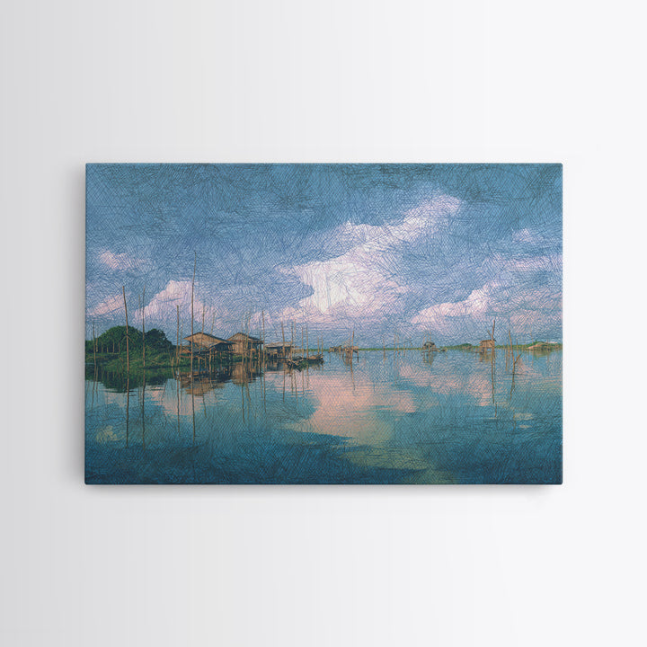 Blue Lagoon Stilt Houses Under Cloudy Sky Canvas Print, African Wall Art, Coastal Decor, Peaceful Lake Home Decor Art Gift