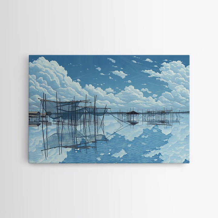 Bright Fishing Nets And Stilt Huts On Blue Lake Wall Art, African Landscape, Coastal Canvas Print, Serene Bedroom Decor Gift