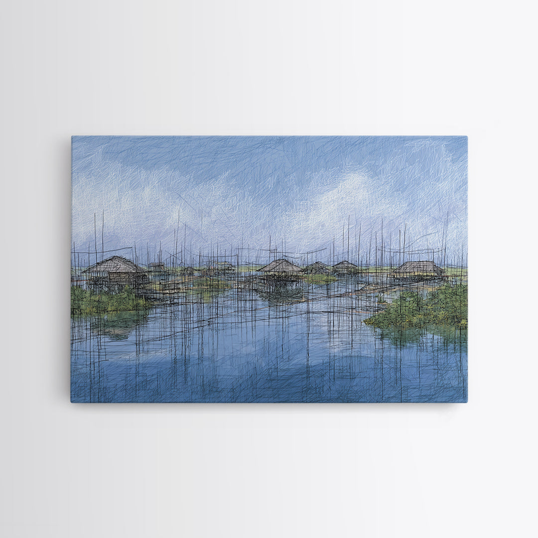 Rainy Wetland Stilt Huts With Blue Reflections Wall Art, African Landscape, Modern Coastal Decor, Peaceful Canvas Print Gift