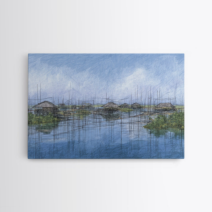 Rainy Wetland Stilt Huts With Blue Reflections Wall Art, African Landscape, Modern Coastal Decor, Peaceful Canvas Print Gift