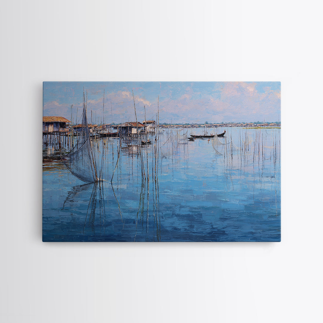 Painterly Blue Stilt Village With Small Boat Canvas Print, African Wall Art, Coastal Living Room Decor, Serene Lake Gift