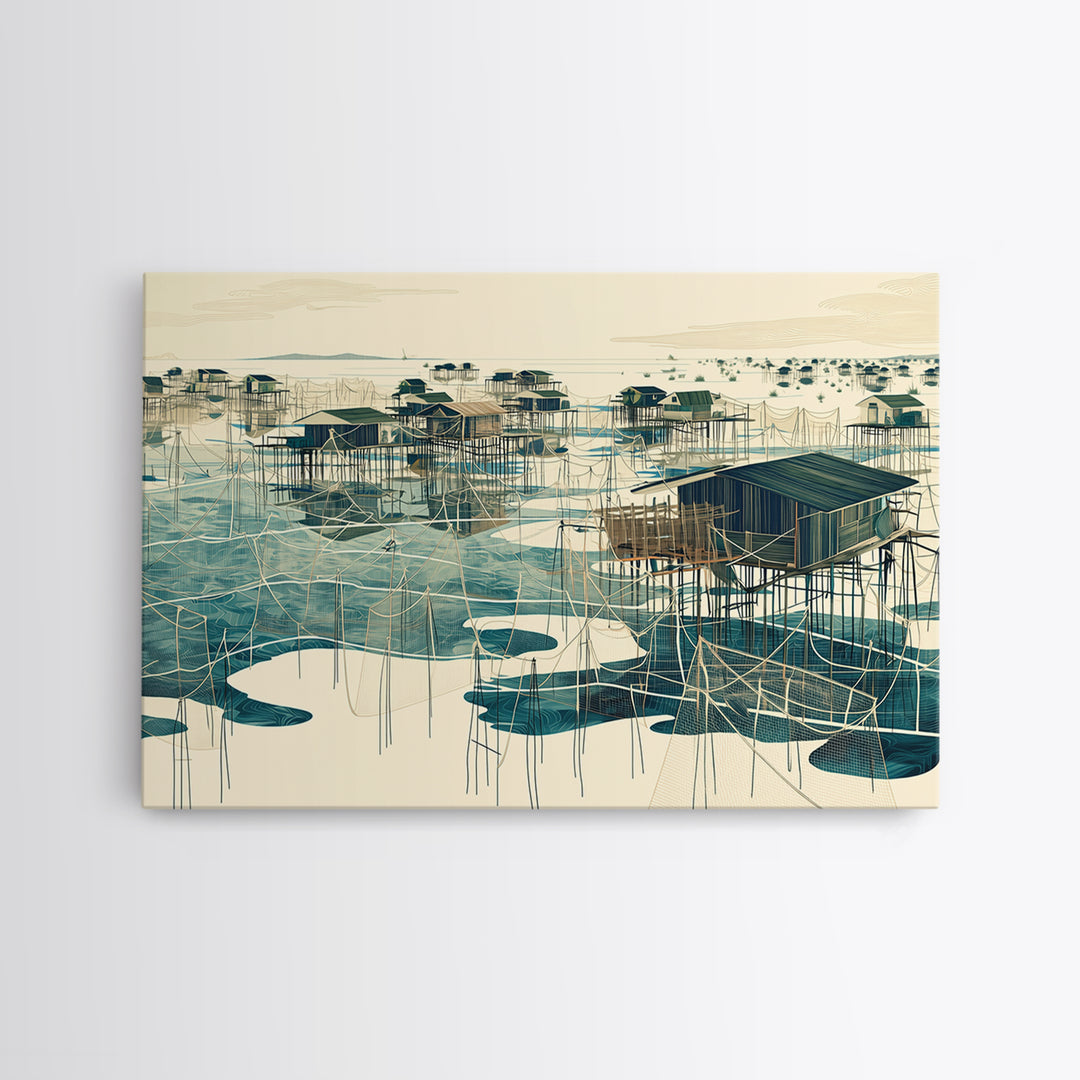 Graphic Stilt House Fishing Village Over Turquoise Water Wall Art, African Landscape, Modern Coastal Decor, Canvas Print Gift