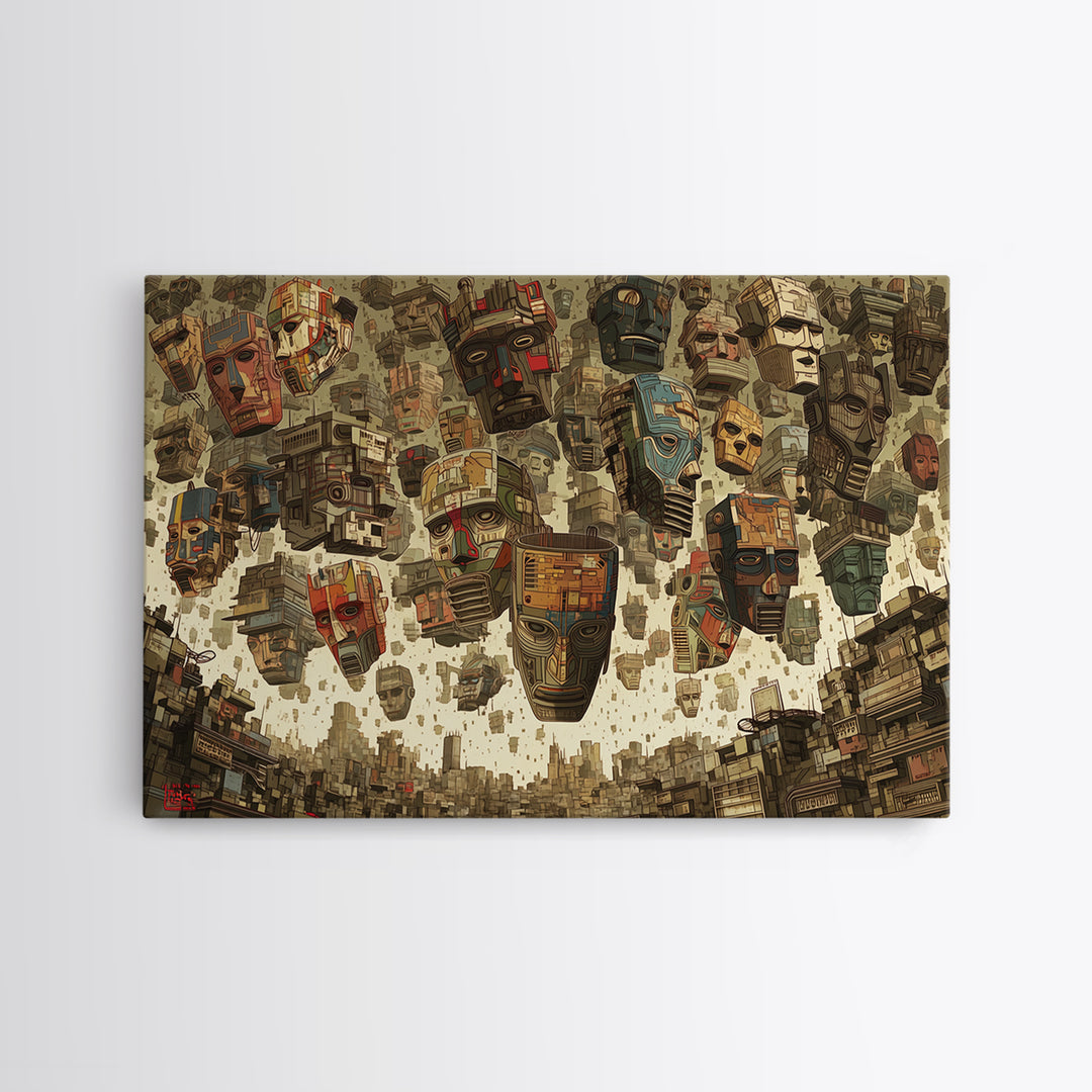 Floating Tribal Masks In Futuristic African City Framed Canvas Print, African Mask Art, Afrocentric Wall Decor, Bold Gift