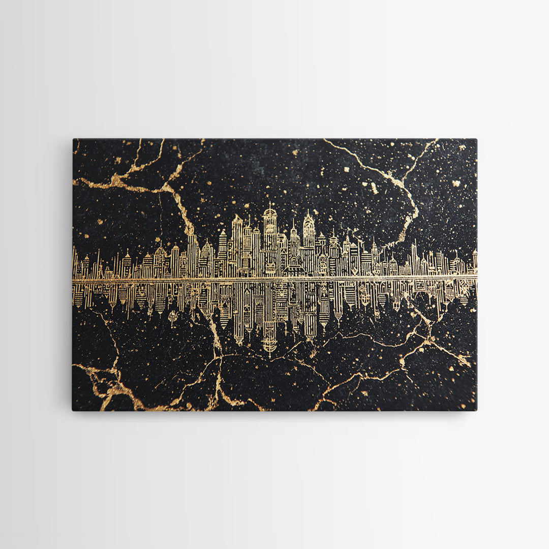 Gold Line Art Skyline Reflected On Black Marble Wall Art, Luxury Canvas Print, Modern Office Decor, Elegant Home Decor Gift
