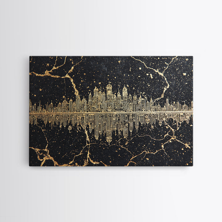 Gold Line Art Skyline Reflected On Black Marble Wall Art, Luxury Canvas Print, Modern Office Decor, Elegant Home Decor Gift