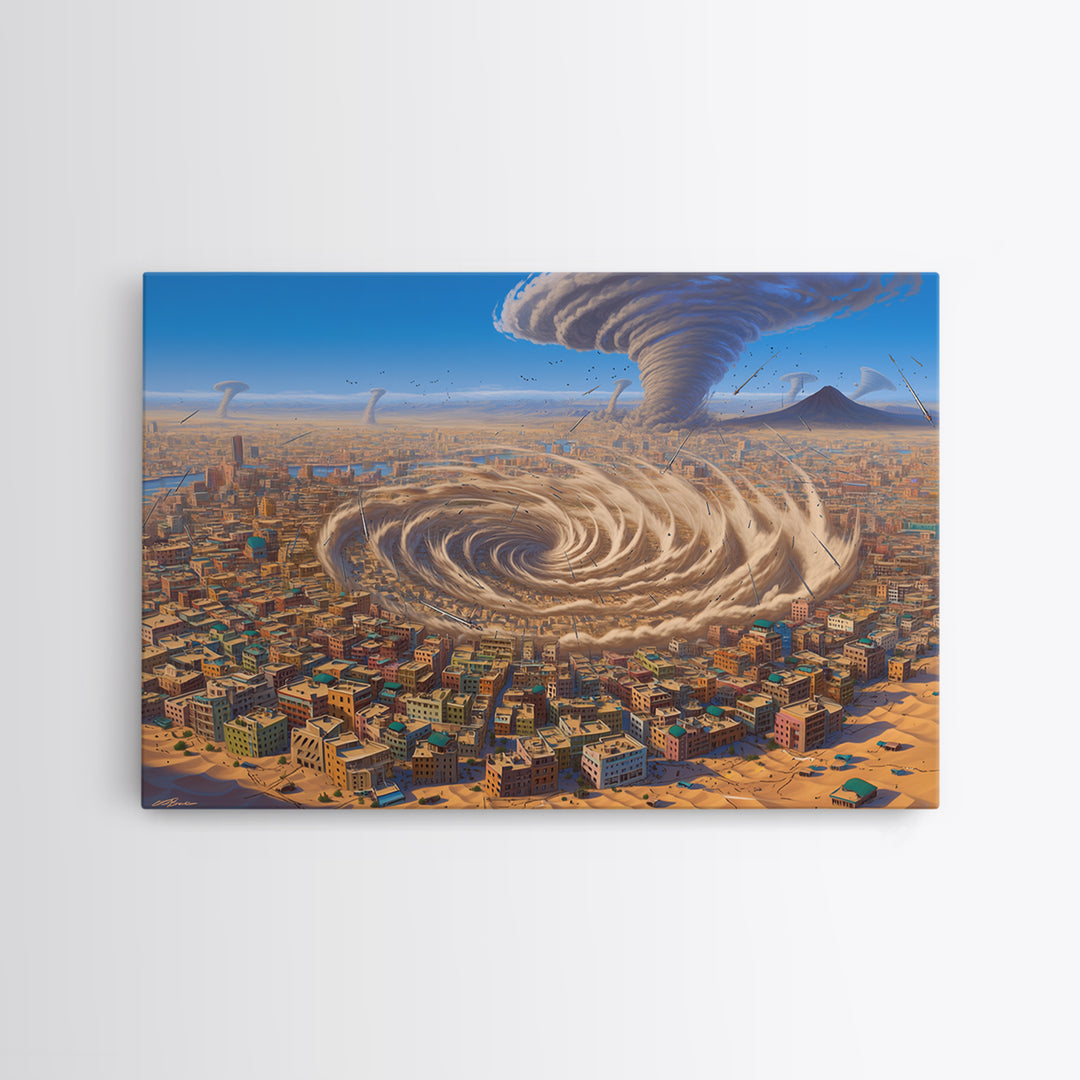 Surreal Desert City With Giant Tornado Storms Canvas Print, African Landscape Wall Art, Sci Fi Home Decor, Statement Gift