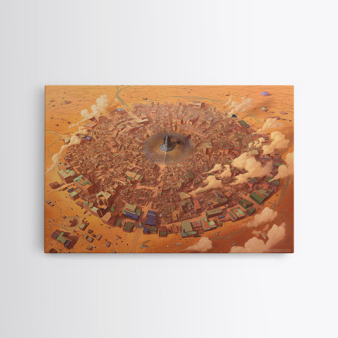 Circular Desert City Around A Central Spire Canvas Print, African Landscape Wall Art, Futuristic Home Decor, Unique Gift