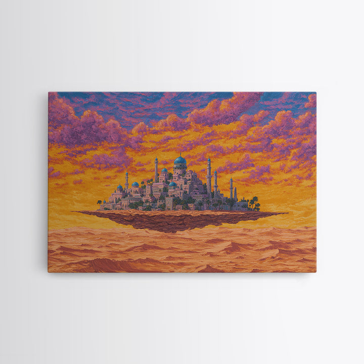 Floating Desert Palace Framed Canvas Print, Orange Sunset Mosque Artwork, African Inspired Travel Decor For Statement Walls