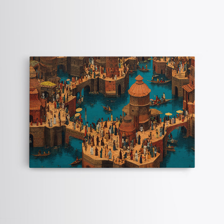 Bustling African Canal Market Wall Art, Crowded Waterfront City Print, Cultural Decor For Living Room Or Office Gallery Wall
