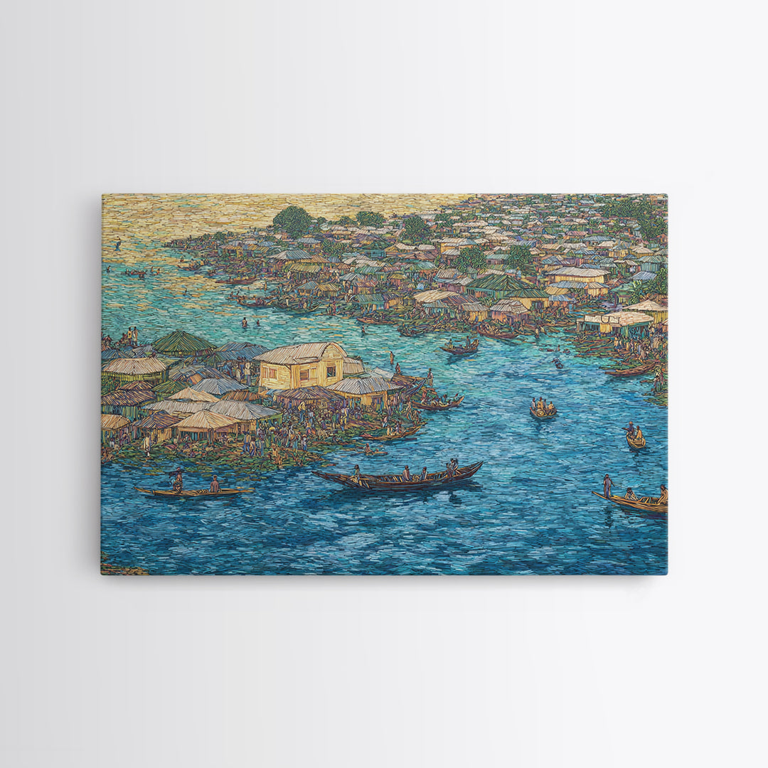 Blue Floating Village Canvas Print, African Coastal Boats And Water Market, Cultural Wall Decor For Living Room Gallery Art