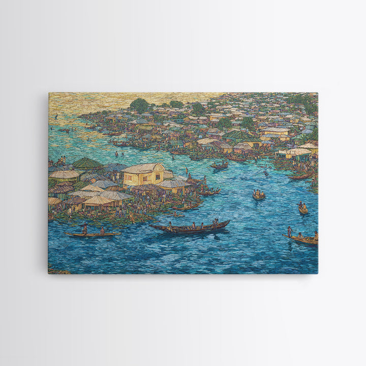 Blue Floating Village Canvas Print, African Coastal Boats And Water Market, Cultural Wall Decor For Living Room Gallery Art