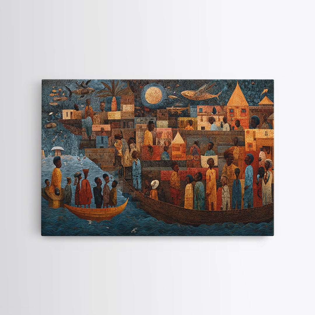 Moonlit African Story Boat Wall Art, Folk Village Figures And Ancestral River, Afrocentric Cultural Decor Canvas Print Gift