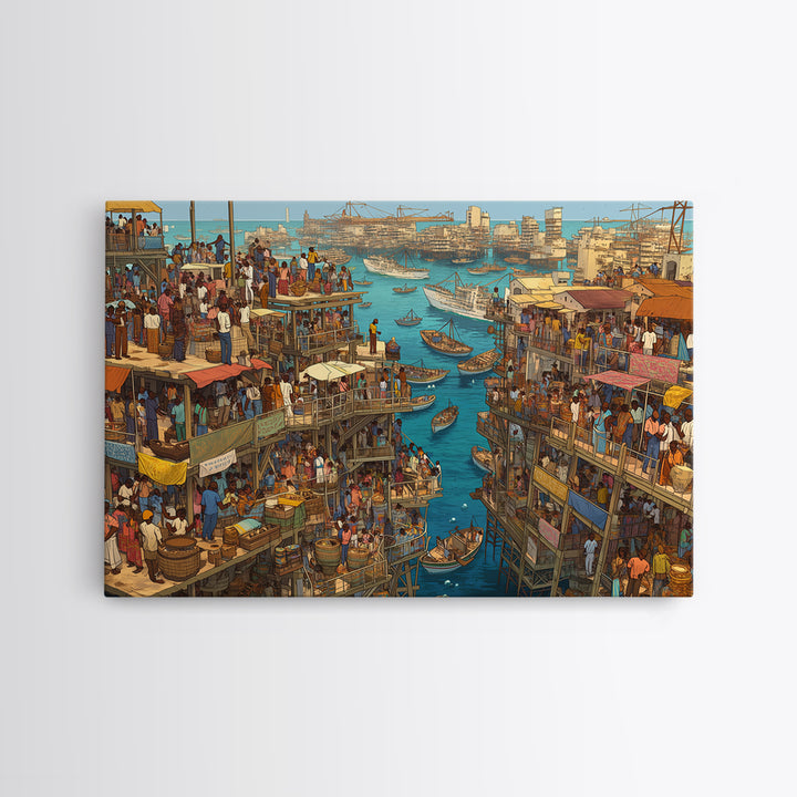 Crowded Coastal Harbor Wall Art, African Waterfront Market City, Detailed Boat Scene For Urban Living Room Decor Canvas Print Gift