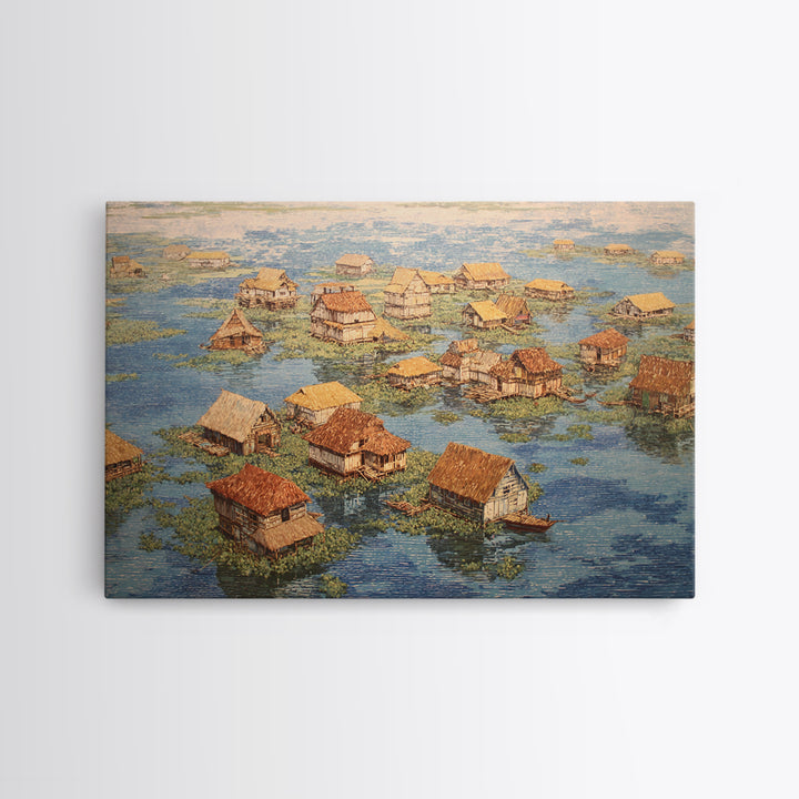 Peaceful Stilt Village Framed Canvas Print, Floating Water Houses And Boats, African Coastal Wall Decor For Home Gallery