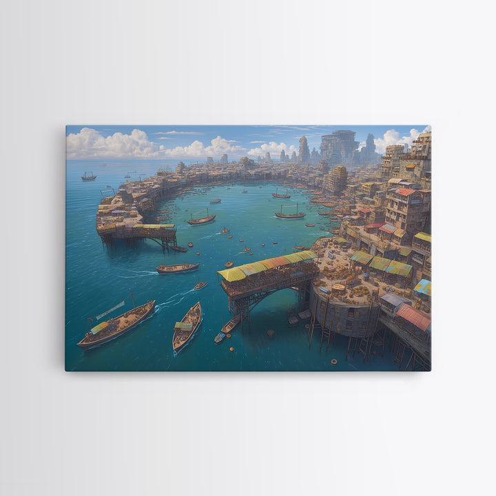 Futuristic African Harbor Canvas Print, Panoramic Coastal City With Boats, Modern Wall Art For Living Room Statement Decor