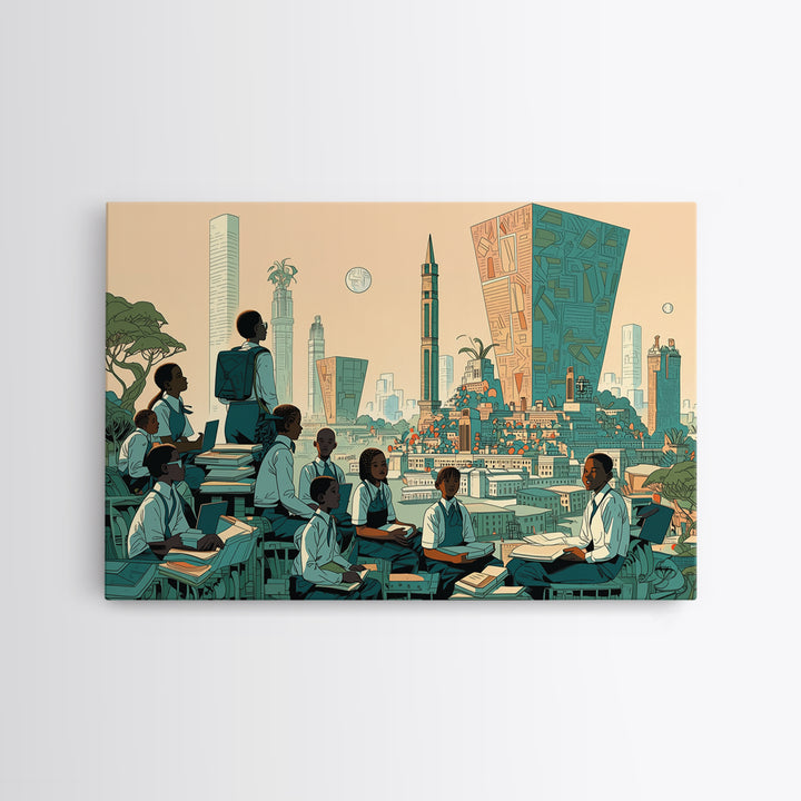 Afrofuturist Classroom Wall Art, African Children Cityscape, Black Education Poster, Modern Culture Home Decor Gift, Canvas Print