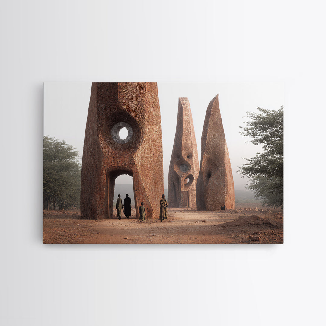 Terracotta Tribal Tower Wall Art, African Sculpture Inspired Architecture, Desert Monument Canvas Print, Bold Home Decor