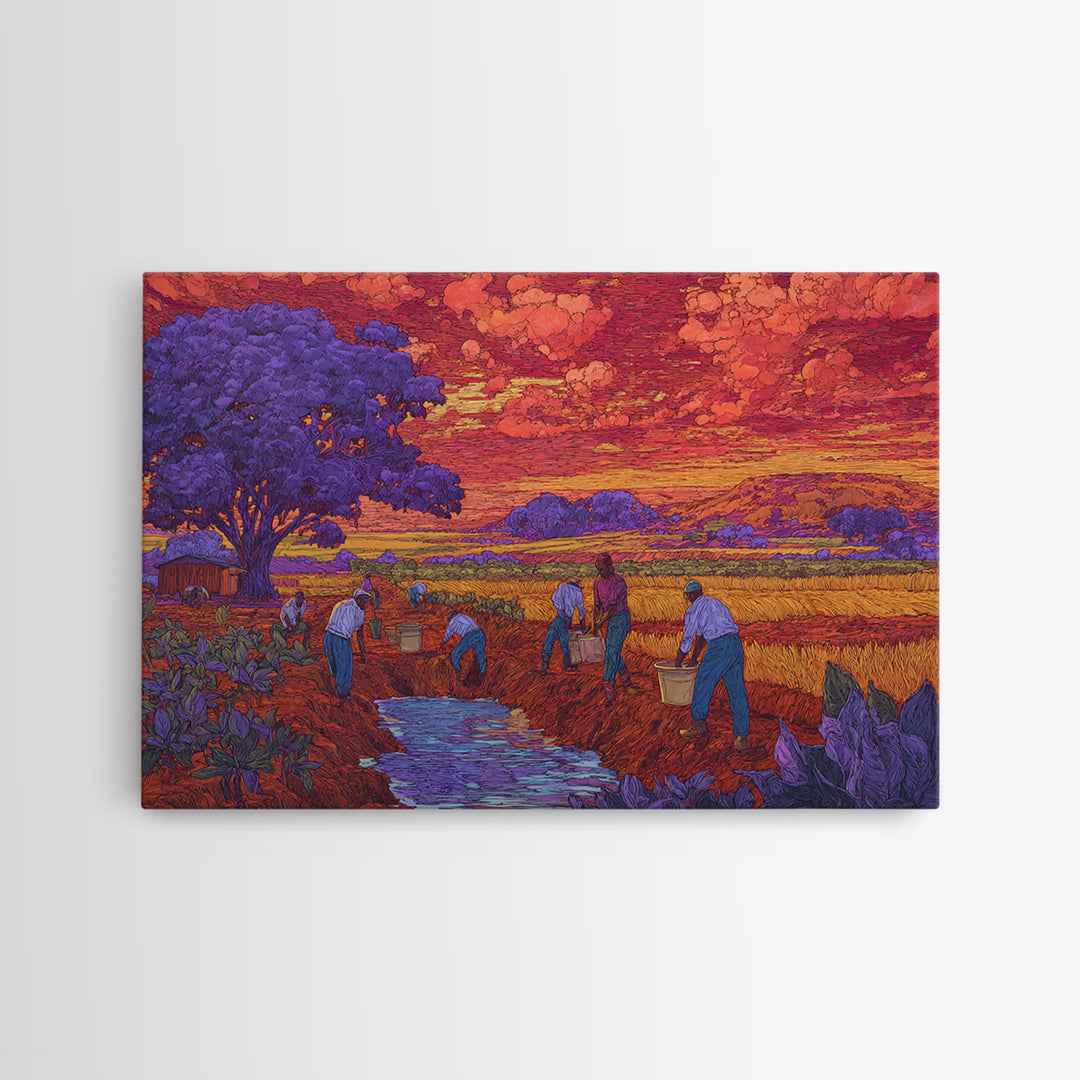 Purple Tree Harvest Wall Art, African Village Landscape, Colorful Sunset Field Painting, Cultural Canvas Print Decor Gift