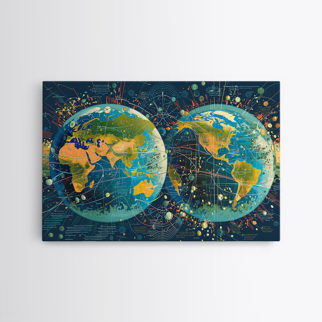Dual Globe World Map Wall Art, Modern Geography Poster, Science Office Decor, Educational Travel Gift For Home And Classroom Decor